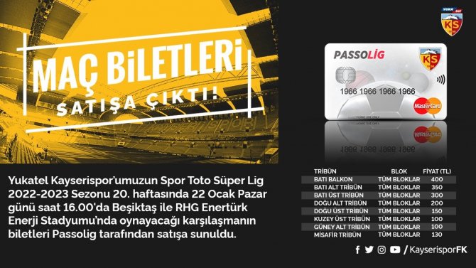 Kayserispor - Beşiktaş Maçı Bilet Fiyatları Belli Oldu