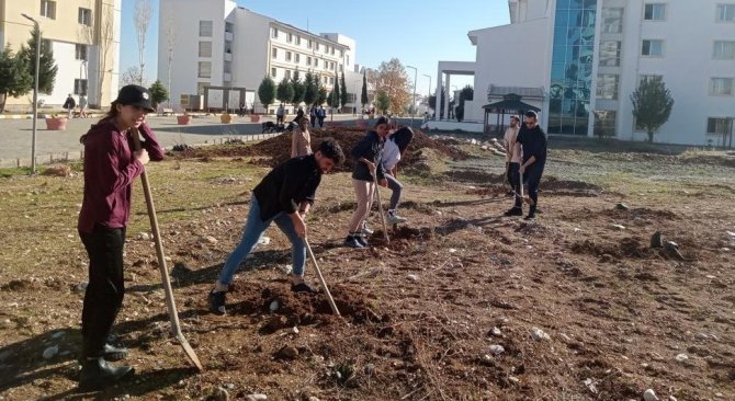Öğrenciler Yurt Bahçesine Fidan Dikti