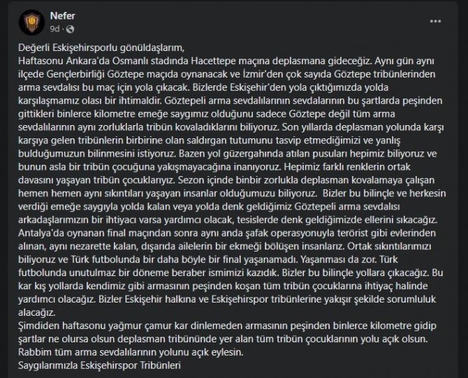 Eskişehirspor Taraftarından Göztepe Taraftarına Karşı Sağduyu Çağrısı