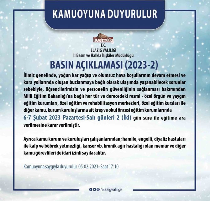 Elazığ’da Eğitime 2 Gün Ara Verildi