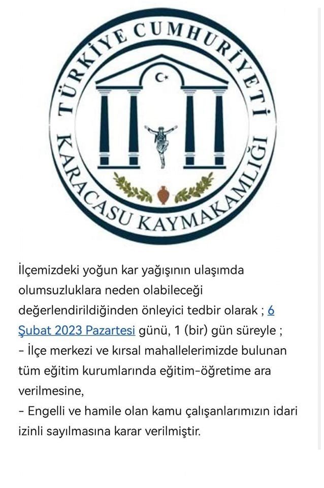 Karacasu’da Okullar Tatil Edildi
