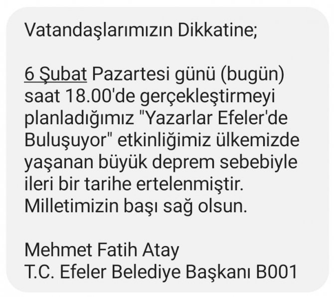Yazarlar Efeler’de Buluşuyor Etkinliği Deprem Nedeniyle Ertelendi