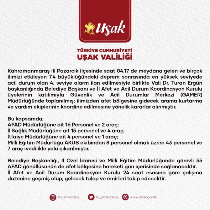 Uşak’tan Kahramanmaraş’a Destek