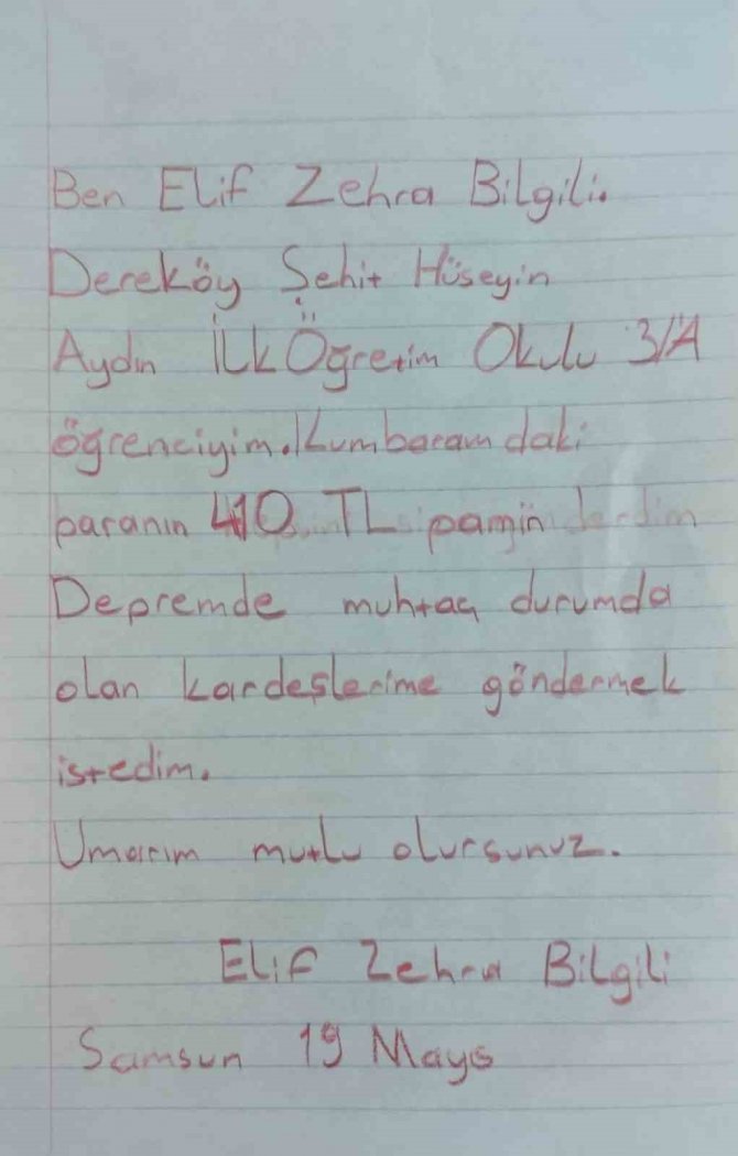 Minik Elif Zehra, Kumbarasında Biriktirdiği 410 Lirayı Depremzedelere Gönderdi