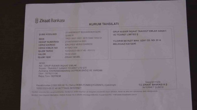 Kayseri’den Afad’a 2,5 Milyon Tl Destek