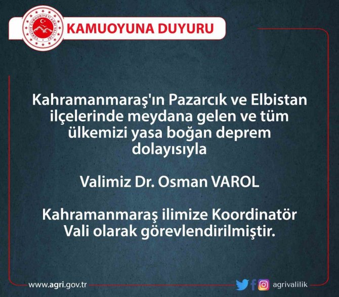 Vali Varol, Kahramanmaraş’a Koordinatör Vali Olarak Görevlendirildi
