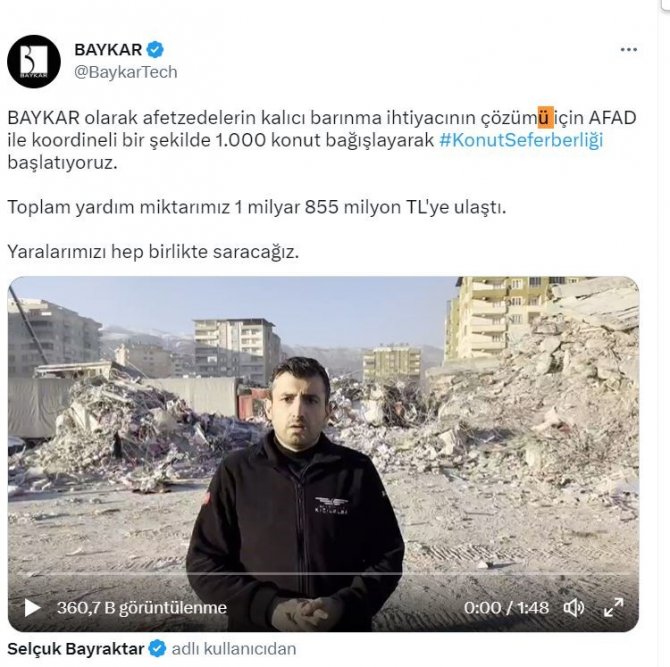 Selçuk Bayraktar: "Baykar Olarak Bin Konut Bağışlıyoruz"
