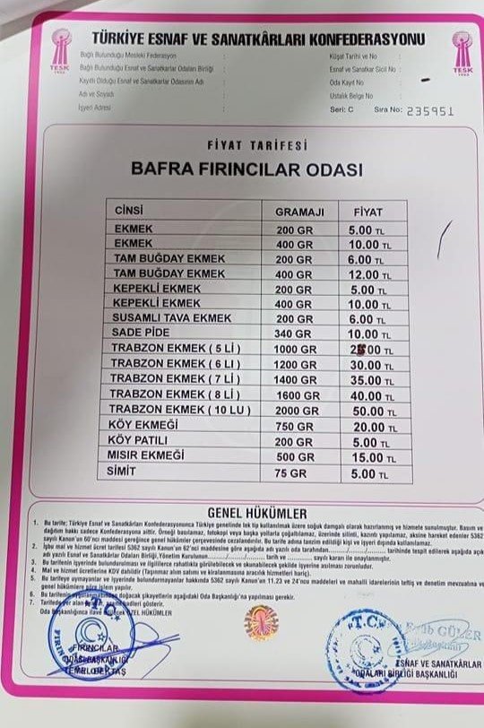 Bafra’da Ekmek 5 Lira Oldu