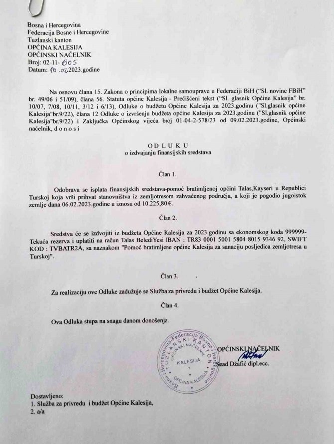 Kardeş Şehir ‘Kalesija’dan 10 Bin Euroluk Destek