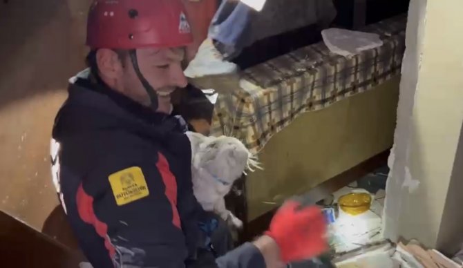 Konya İtfaiyesi Depremden 11 Gün Sonra Ağır Hasarlı Binada Kalan Kediyi Kurtardı