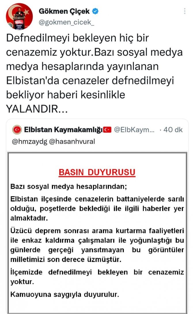 Elbistan Kaymakamlığı: "İ̇lçemizde Defnedilmeyi Bekleyen Bir Cenazemiz Yoktur"