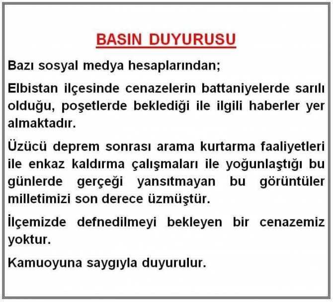 Elbistan Kaymakamlığı: "İ̇lçemizde Defnedilmeyi Bekleyen Bir Cenazemiz Yoktur"