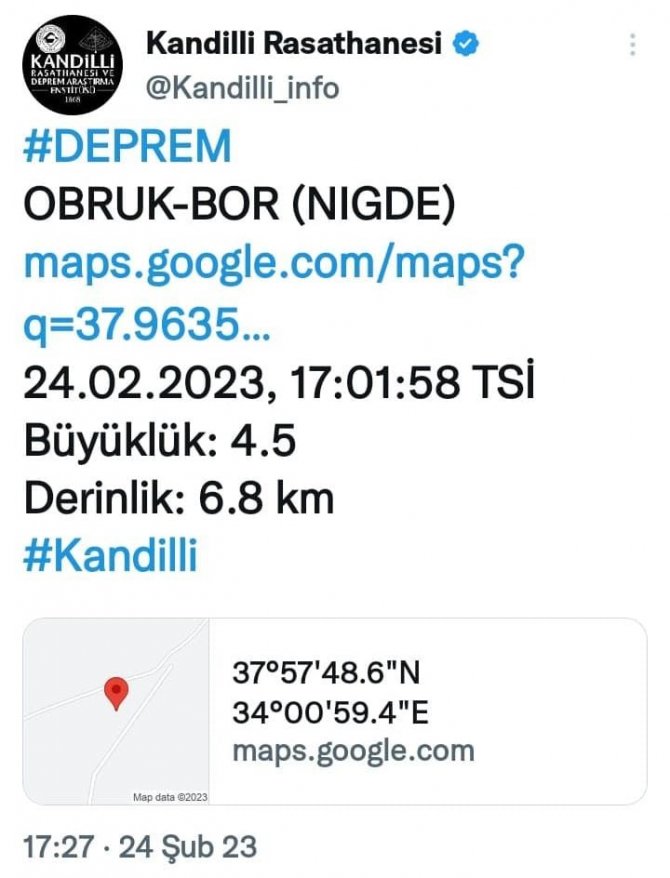 Niğde’de 4.5 Büyüklüğünde Deprem