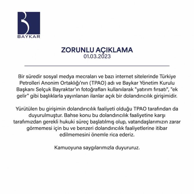 Selçuk Bayraktar’ın Fotoğrafları Kullanılarak İlan Verilmesine İlişkin Baykar’dan Açıklama