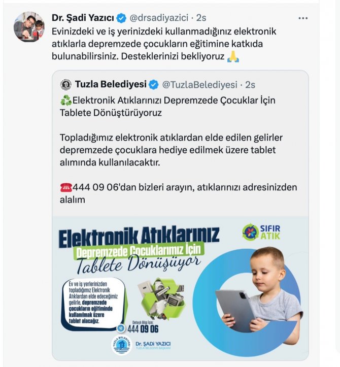 Tuzla Belediyesi’nden Deprem Bölgesindeki Çocuklar İçin Tablet Kampanyası
