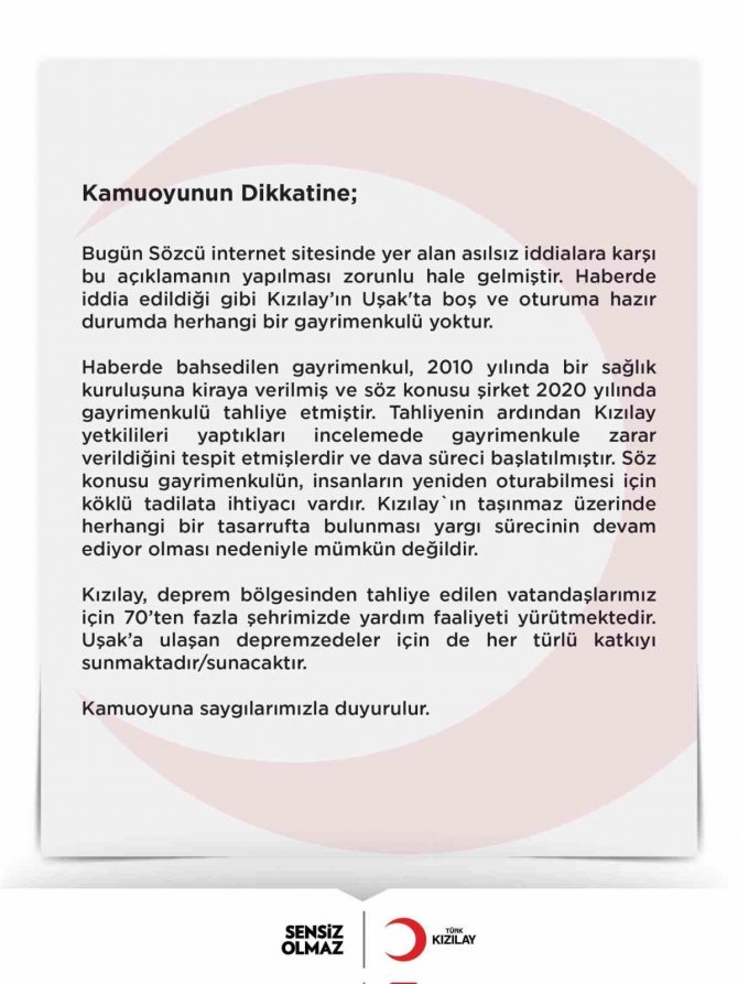 Kızılay’dan Uşak’ta Depremzedelere Açılmadığı İddia Edilen Binayla İlgili İddialara Yalanlama