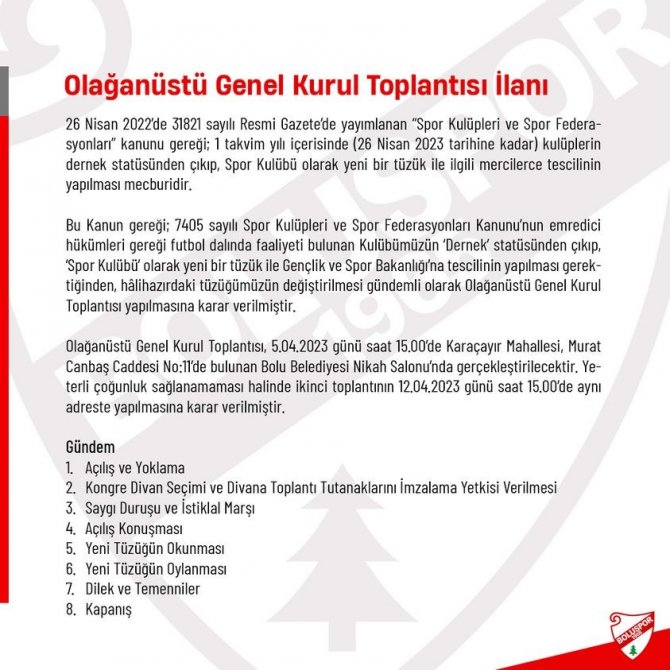 Boluspor Olağanüstü Kongreye Gidiyor