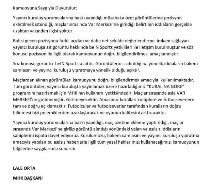 Lale Orta: "Maçlar Sırasında Asla Var Merkezi’ne Girilmemiştir, Girilmeyecektir"