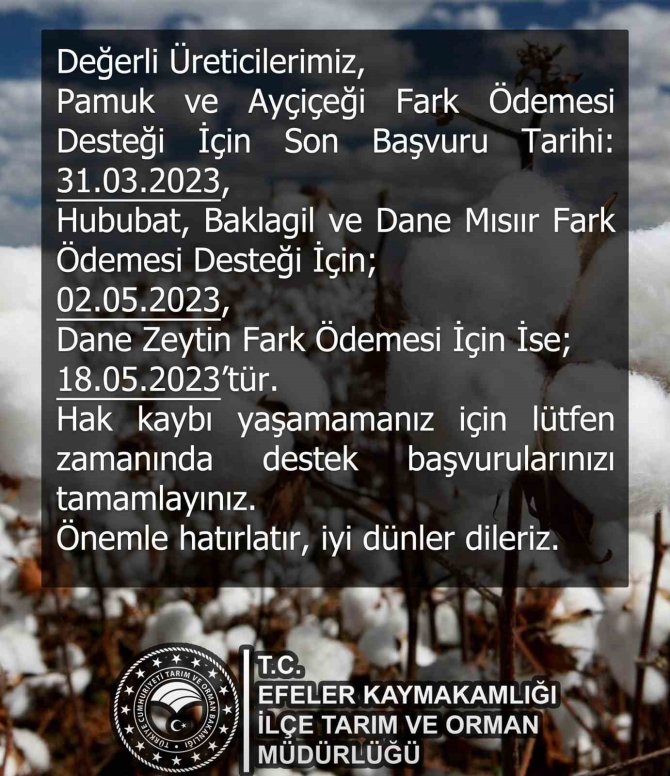 Efeler İ̇lçe Tarım Ve Orman Müdürlüğü’nden Destekleme Uyarısı