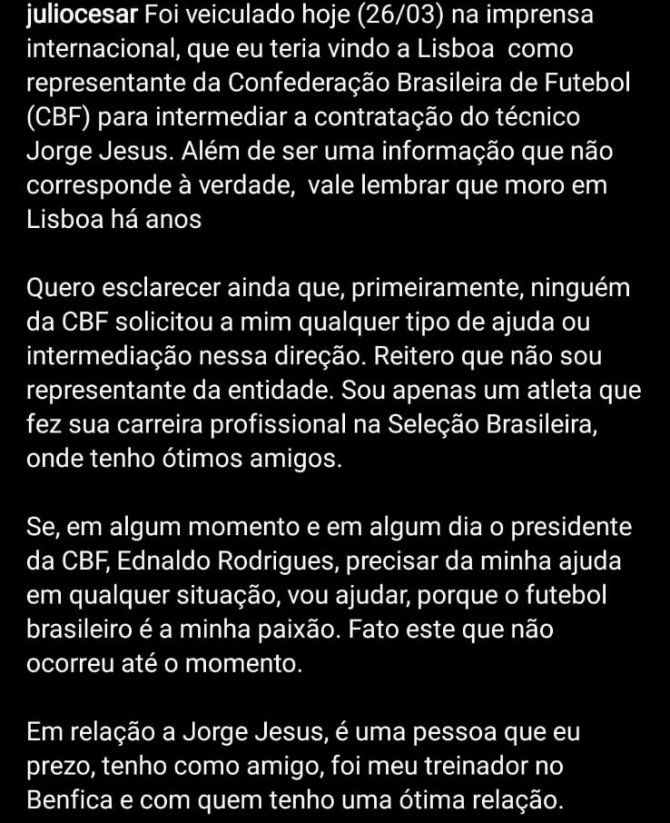 Julio Cesar: "Brezilya Ve Jorge Jesus Arasında Arabuluculuk Yaptığım Haberleri Doğru Değil”