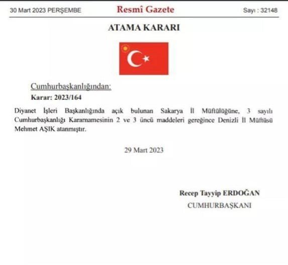 Sakarya İ̇l Müftülüğüne, Denizli İ̇l Müftüsü Mehmet Aşık Atandı