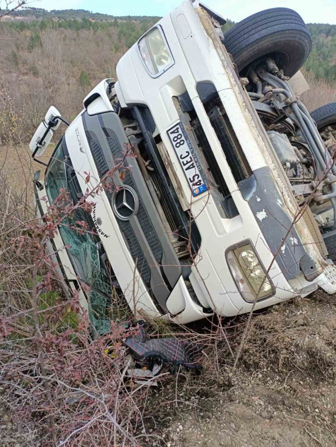 Virajı Alamayan Odun Yüklü Kamyon Devrildi: 1 Yaralı