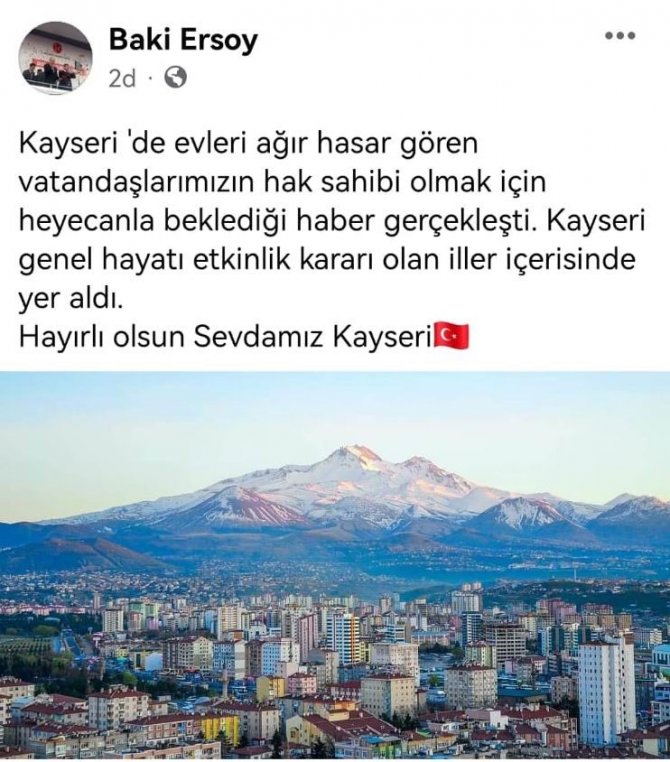 Kayseri; ’Genel Hayatı Etkinlik Kararı Olan İ̇ller’ İ̇çerisine Girdi