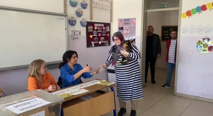 Oy Kullanmaya Omzunda Kedisiyle Gitti