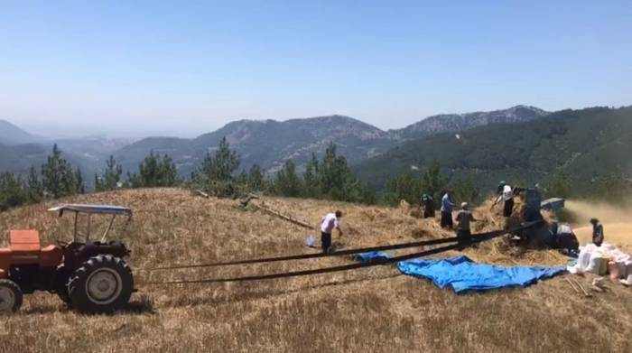 Engebeli Arazilerde Ekim Yapan Çiftçiler, Eski Patoz Makinalarıyla Hasat Yaptı