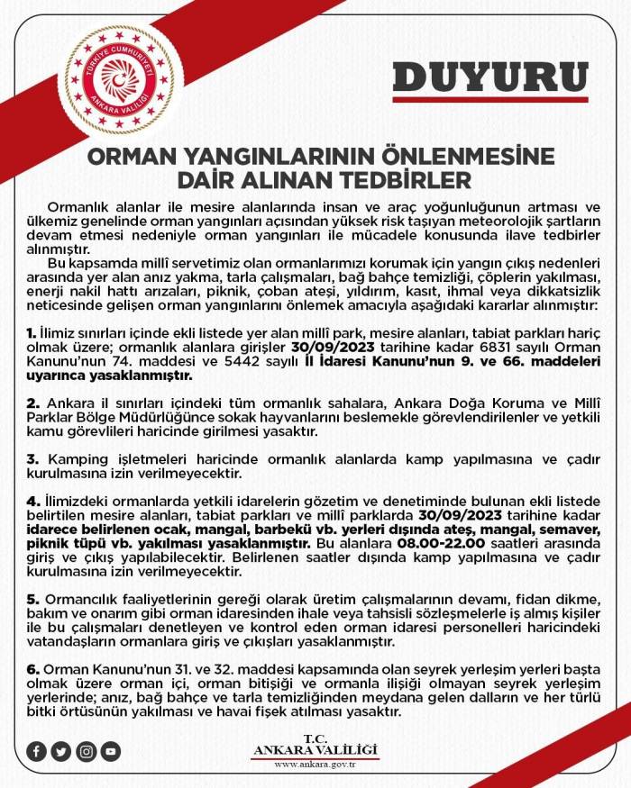 Ankara’da Ormanlık Alanlara Girişler 30 Eylül’e Kadar Yasaklandı