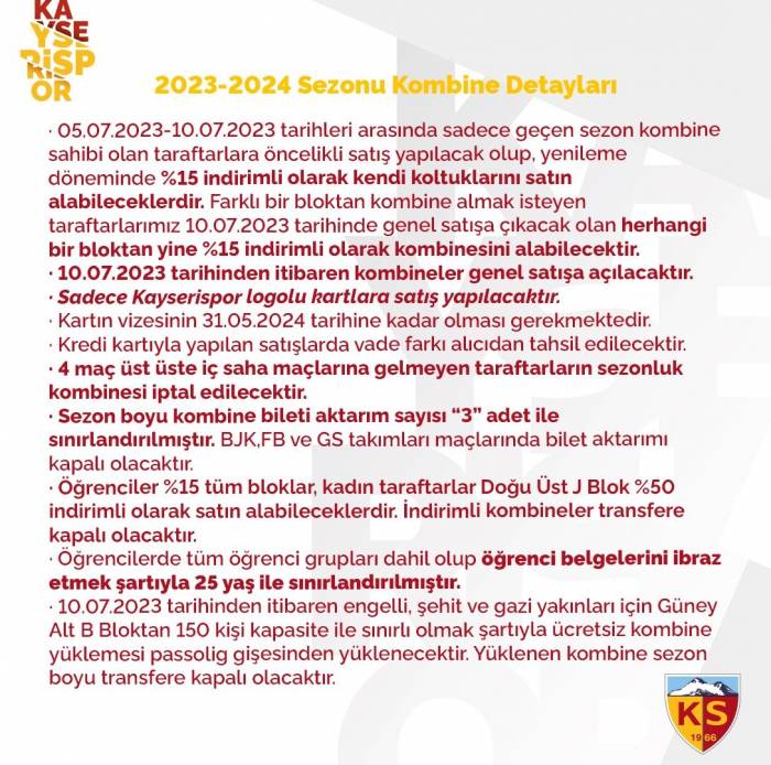 Kayserispor, Kombine Bilet Fiyatlarını Belirledi