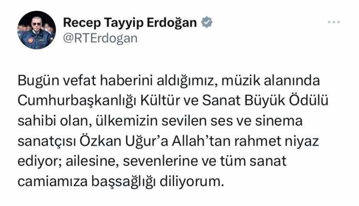 Cumhurbaşkanı Erdoğan’dan Özkan Uğur İçin Başsağlığı Mesajı
