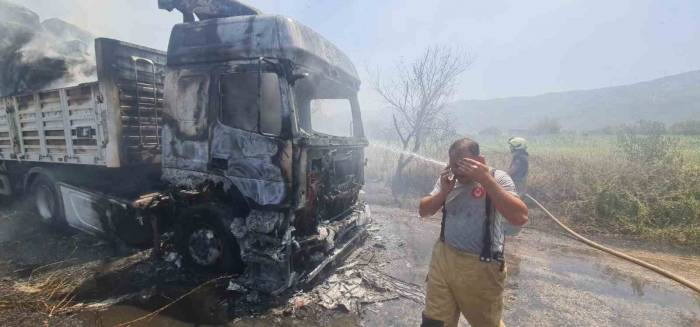 İzmir’de Saman Yüklü Tır Alev Aldı