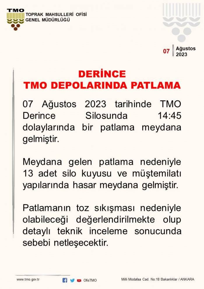 Tmo: "patlamanın Toz Sıkışması Nedeniyle Olabileceği Değerlendirilmekte Olup, Detaylı Teknik İnceleme Sonucunda Sebebi Netleşecektir"