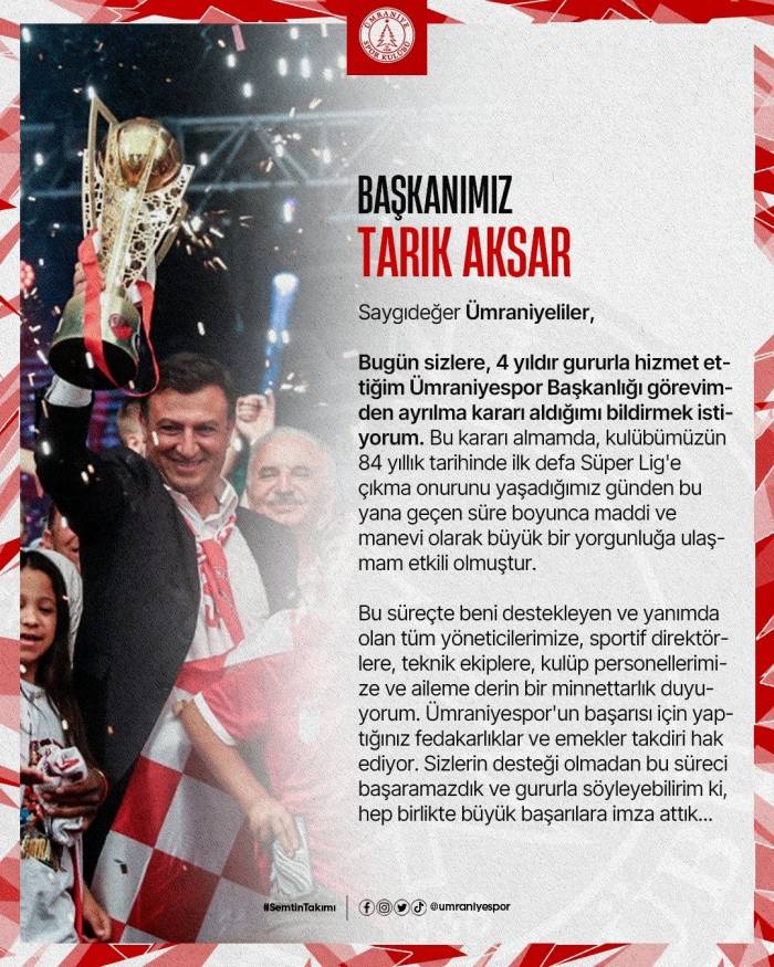 Ümraniyespor Başkanı Tarık Aksar, Görevini Bıraktı