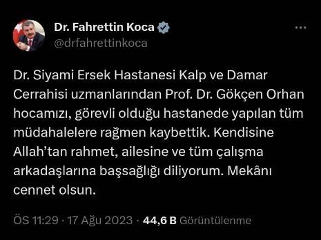 Sağlık Bakanı Fahrettin Koca, Prof. Dr. Gökçen Orhan İçin Taziye Mesajı Yayınladı