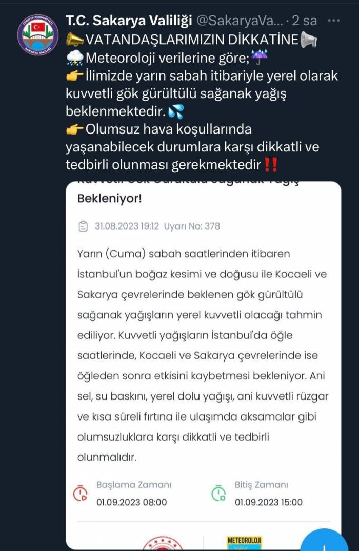 Sakarya’da Sağanak Uyarısı