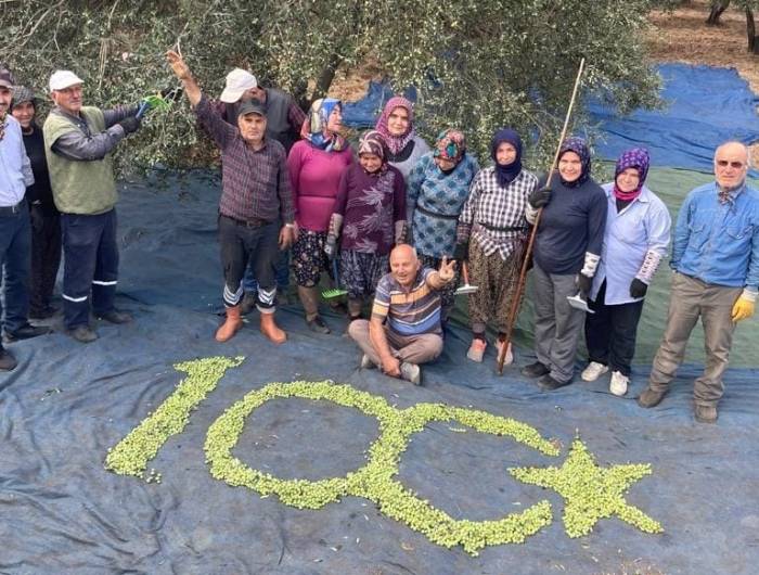 Kırkağaçlı Çiftçiler Topladıkları Zeytinlerden 100. Yıl Logosu Yaptı