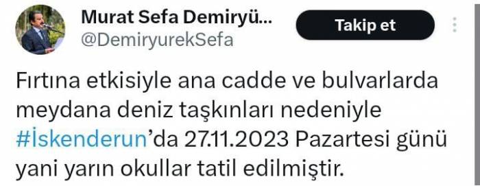 İskenderun’da Okullar 1 Gün Tatil Edildi