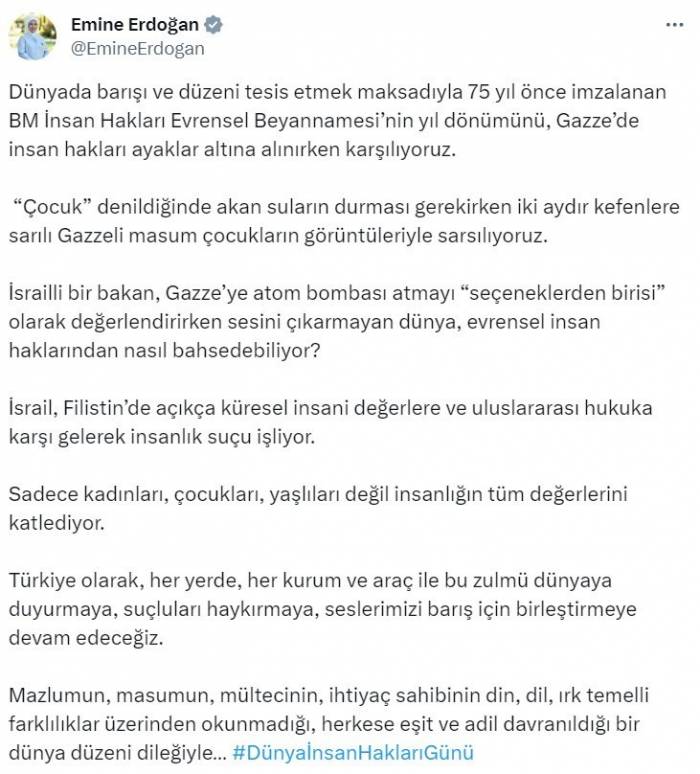Emine Erdoğan: “İsrail, Filistin’de Açıkça Küresel İnsani Değerlere Ve Uluslararası Hukuka Karşı Gelerek İnsanlık Suçu İşliyor”