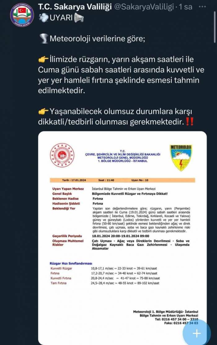 Sakarya Valiliği Fırtına İçin Uyardı