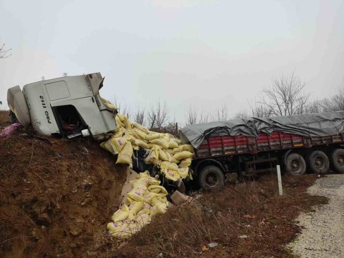 Yem Yüklü Tır Yoldan Çıktı: 2 Yaralı