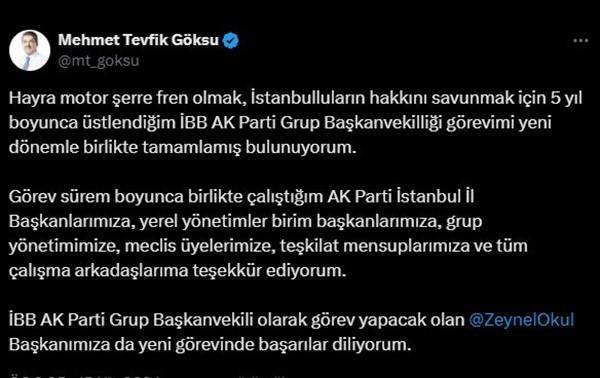 Esenler Belediye Başkanı Tevfik Göksu’nun İbb Meclisi’ndeki Ak Parti Grup Başkanvekilliği Görevi Sona Erdi