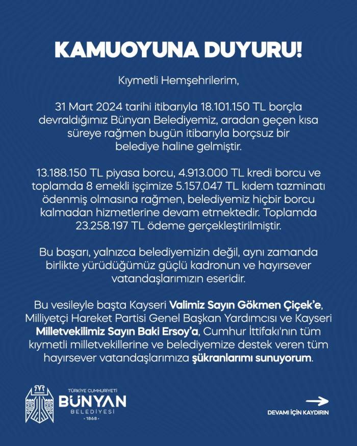 Bünyan Belediyesi Borçsuz Hale Geldi