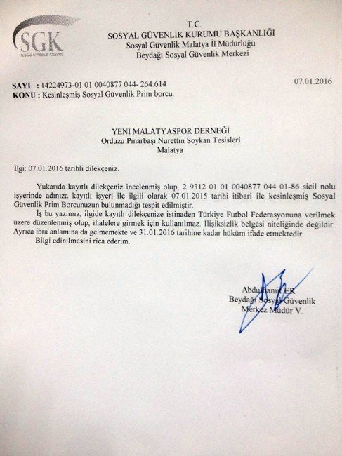 Alima Yeni Malatyaspor Borçsuz Yapısıyla Örnek Teşkil Ediyor