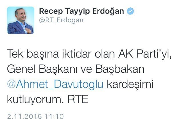 Cumhurbaşkanı Erdoğan’dan Başbakan Davutoğlu’na Tebrik Tweeti